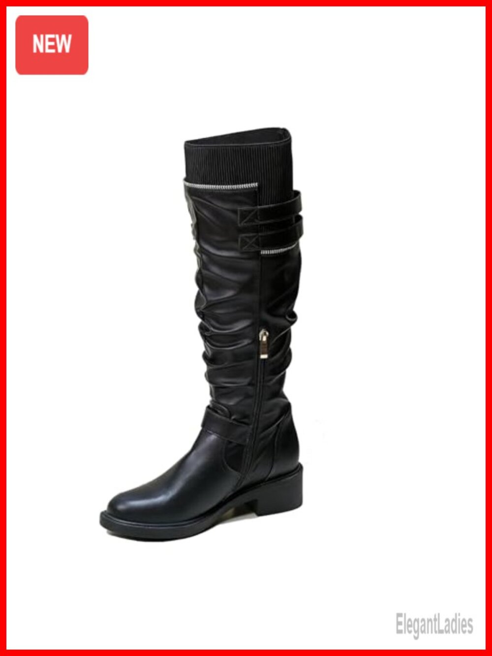 Faux Leather Knee High Riding Boots Round Toe Chunky Heel Buckle